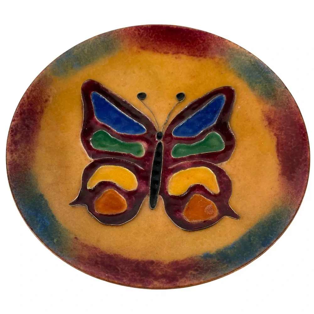 Vintage Copper Ashtray Handmade Hippy Rainbow Butterfly Glazed Cottagecore Boho